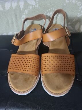 BOBS from Skechers Tan Perforated Ankle-Strap Sandals